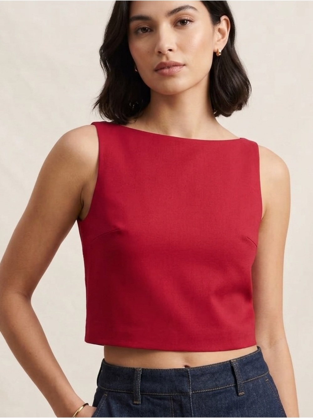 Theory Good Crunch Linen Blend SL Bateau NK Top Red Size 14 Flawless